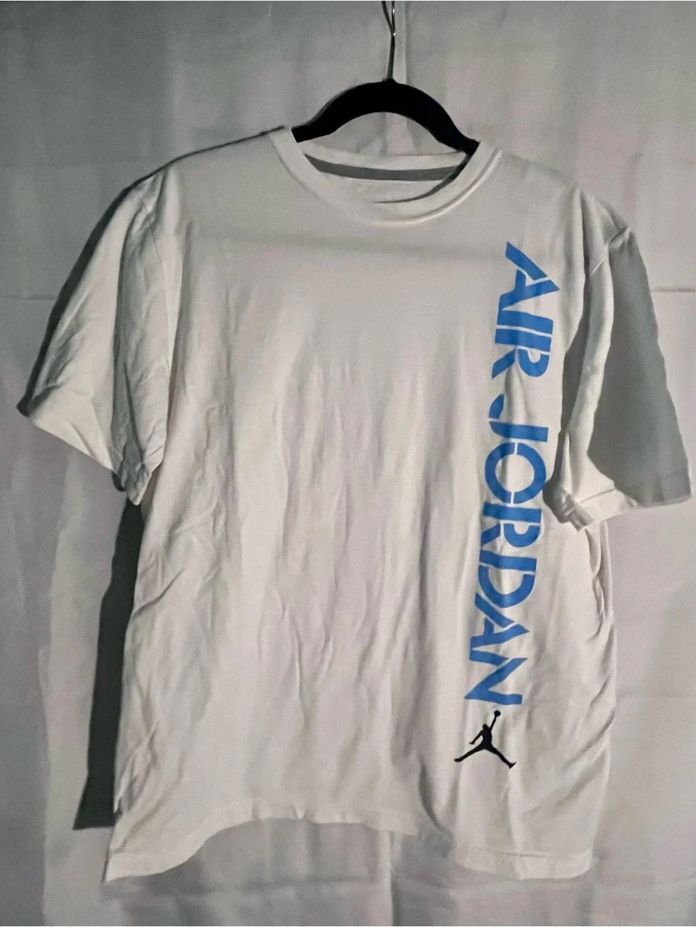 Jordan Men’s White Short Sleeve Tee with Blue Vertical AIR JORDAN Print